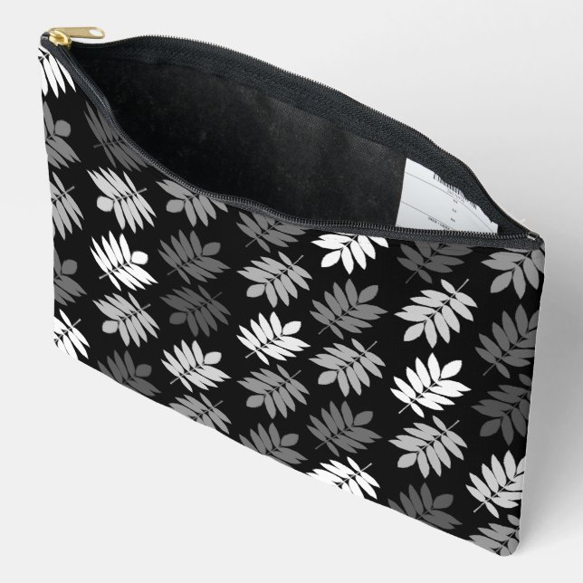Elder Leaf Pattern Black White Grey Accessory Pouch (Open)