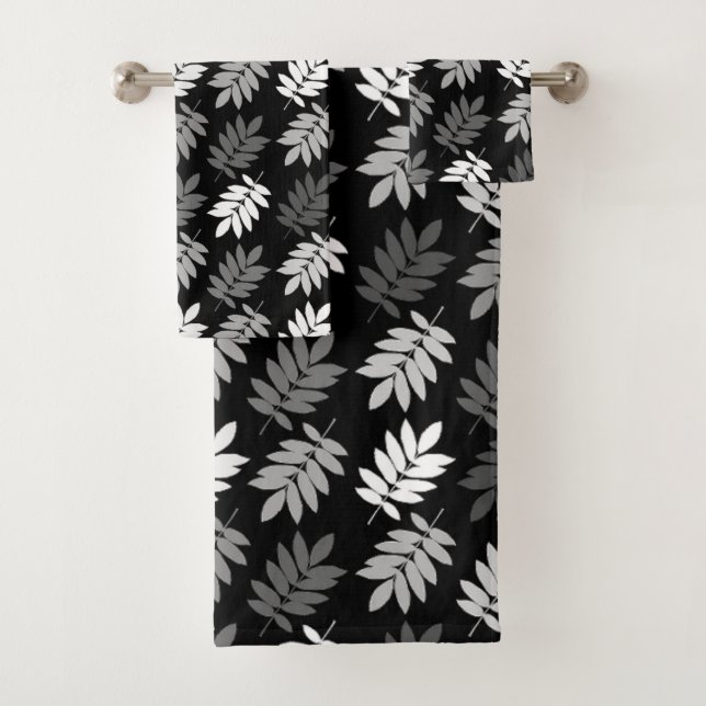 Elder Leaf Pattern Black White Grey Bath Towel Set (Insitu)