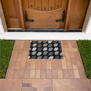 Elder Leaf Pattern Black White Grey Doormat