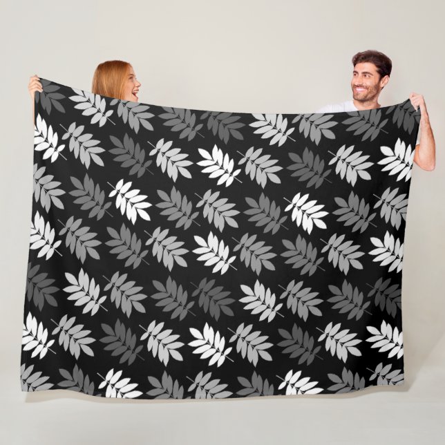 Elder Leaf Pattern Black White Grey Fleece Blanket (In Situ)