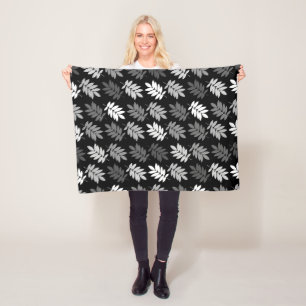 Elder Leaf Pattern Black White Grey Fleece Blanket