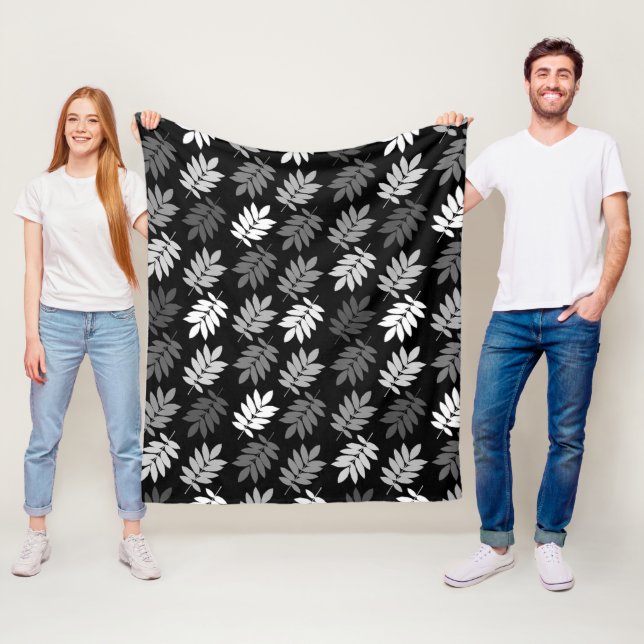 Elder Leaf Pattern Black White Grey Fleece Blanket (In Situ)