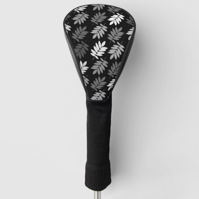 Elder Leaf Pattern Black White Grey Golf Head Cover (Front)