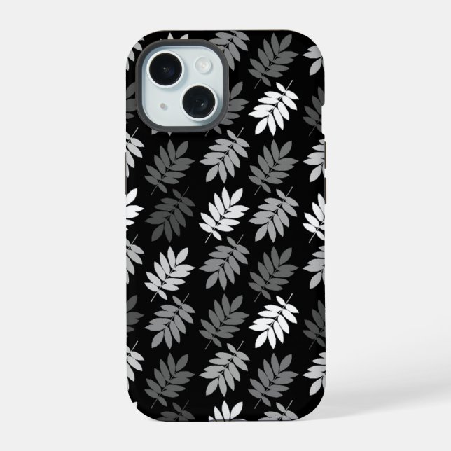 Elder Leaf Pattern Black White Grey iPhone 15 Case (Back)