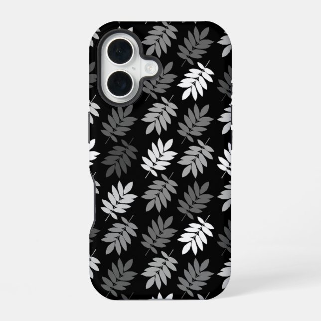 Elder Leaf Pattern Black White Grey iPhone 16 Case (Back)
