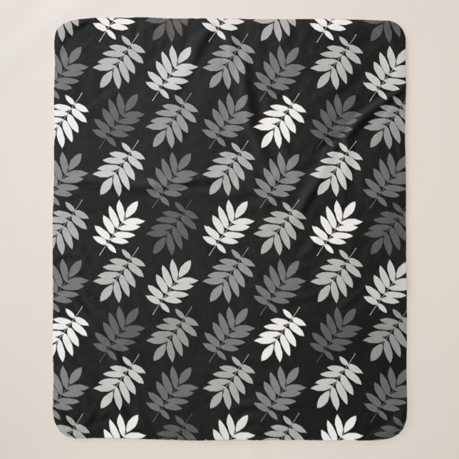 Elder Leaf Pattern Black White Grey Sherpa Blanket (Front)