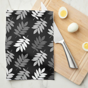 Elder Leaf Pattern Black White Grey Tea Towel