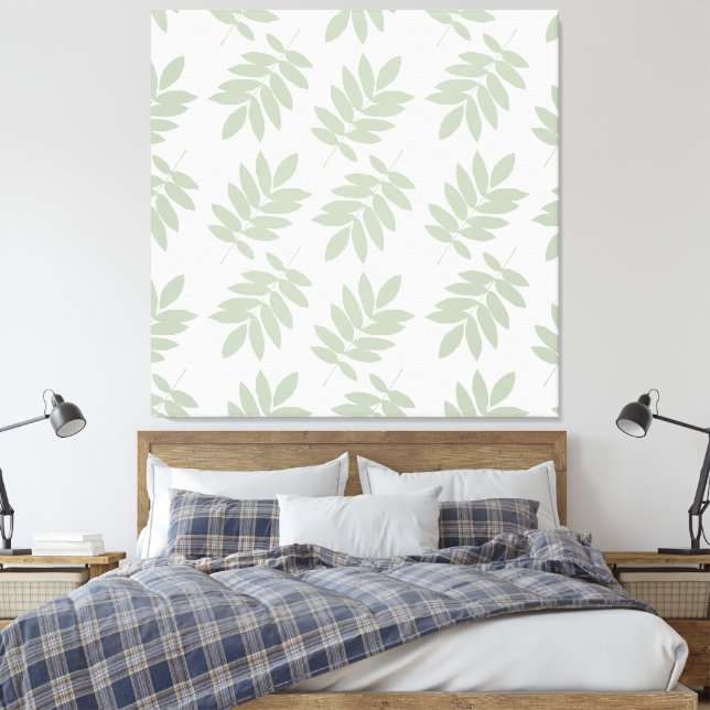 Elder Leaf Pattern Green+White Canvas Print (Insitu (Bedroom))
