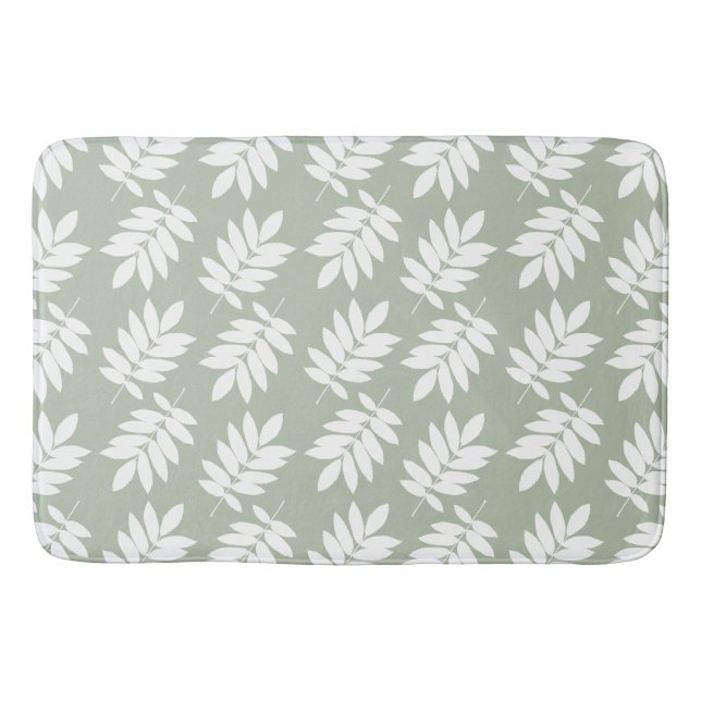 Elder Leaf Pattern White on Green Bath Mat (Front)