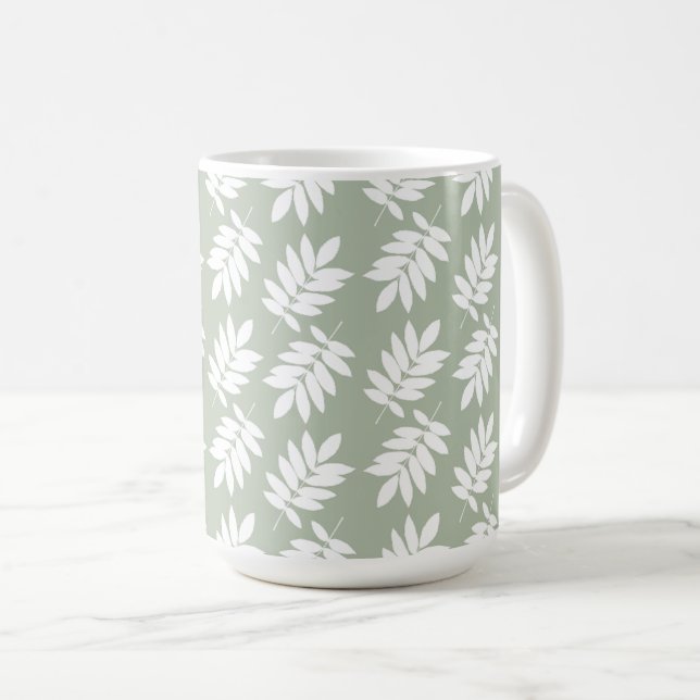 Elder Leaf Pattern White on Green Coffee Mug (Front Right)
