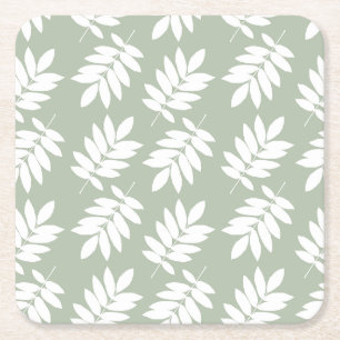 Elder Leaf Pattern White on Green Square Paper Coaster