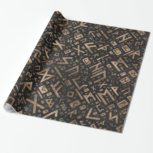 Elder Runes - Futhark Pattern Gold on Black Wood 2 Wrapping Paper (Unrolled)
