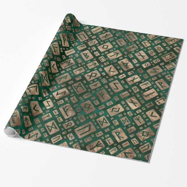 Elder Runes - Futhark Pattern Gold on Malachite #2 Wrapping Paper (Unrolled)