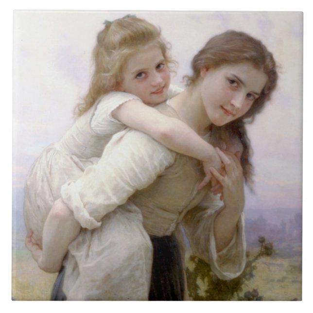Elder Sister Giving Younger Sister Piggyback Ride Ceramic Tile (Front)