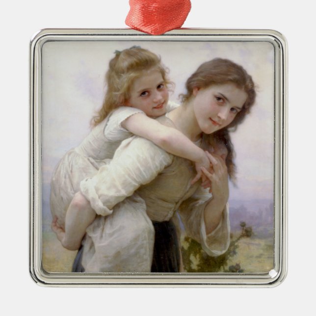 Elder Sister Giving Younger Sister Piggyback Ride Metal Ornament (Front)
