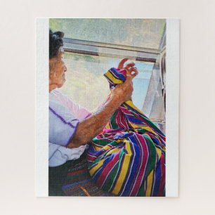 Elder Woman Sewing on Bus Jigsaw Puzzle