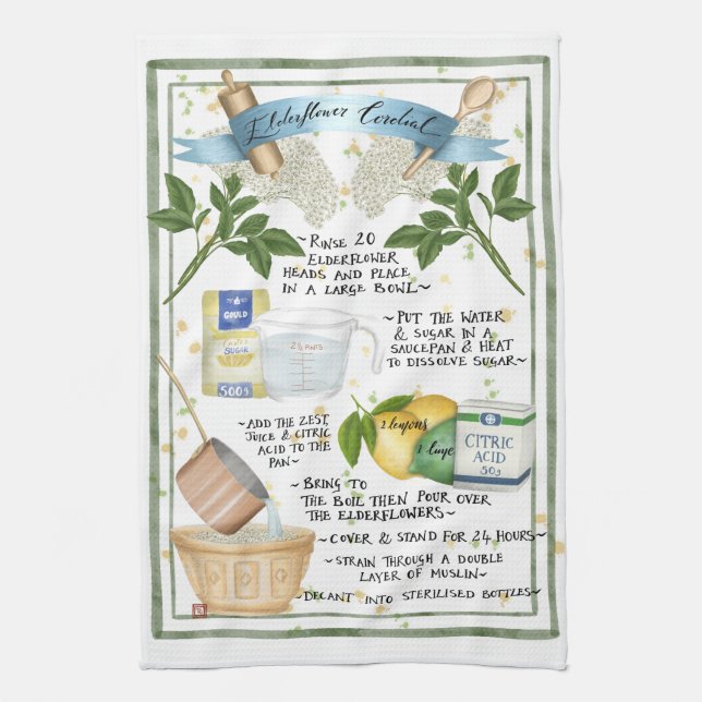 Elderflower Cordial Illustrated Recipe Tea Towel (Vertical)