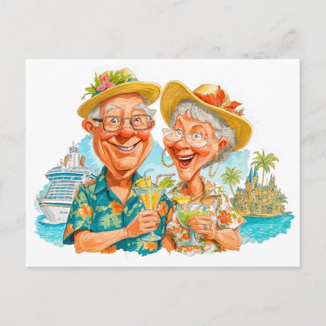 Elderly couple enjoying cocktails tropical beach holiday postcard (Front)