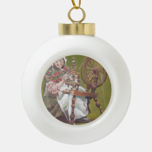Elderly Irish Woman Crafter At A Spinning Wheel Ceramic Ball Christmas Ornament