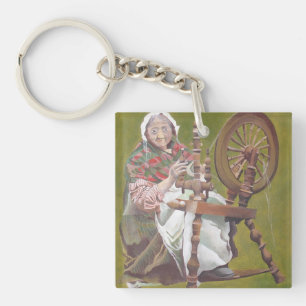 Elderly Irish Woman Crafter At A Spinning Wheel Key Ring