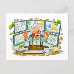 Elderly man celebrating stock market success joyfu holiday postcard