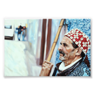 Elderly Man in Traditional Attire Carrying Wooden Photo Print