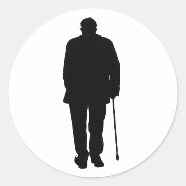 Elderly Man Walking Black Silhouette Drawing Art Classic Round Sticker (Front)