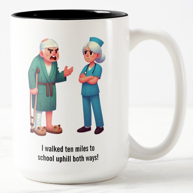Elderly Patient Yelling at an Exhausted Nurse Two-Tone Coffee Mug (Creator Uploaded)