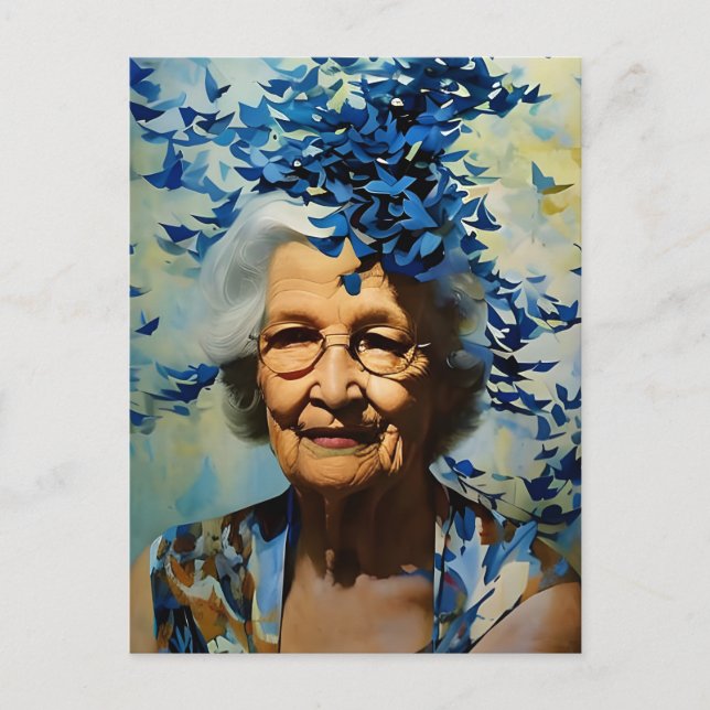 Elderly Woman and Blue Butterflies Postcard (Front)