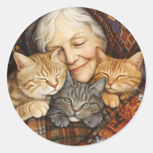 Elderly Woman Embracing Three Cats Cosy  Classic Round Sticker