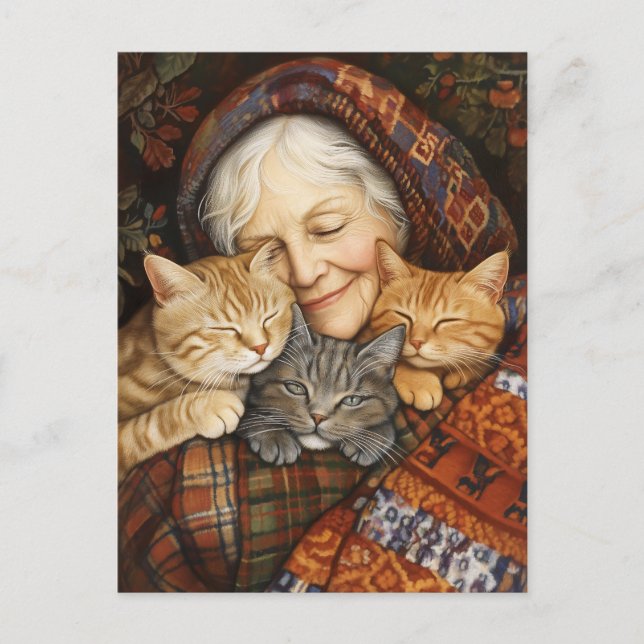 Elderly Woman Embracing Three Cats Cosy  Postcard (Front)