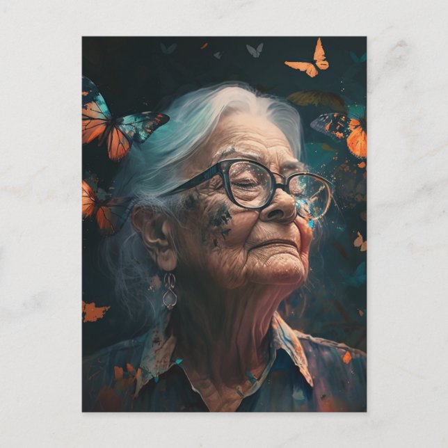 Elderly Woman In Glasses With Butterflies Postcard (Front)