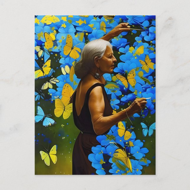 Elderly Woman With Blue and Yellow Butterflies Postcard (Front)