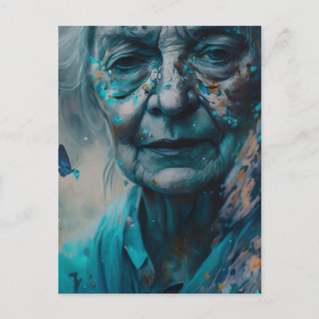 Elderly Woman With Blue Butterflies Postcard (Front)