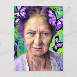 Elderly Woman With Butterflies Green Background Postcard