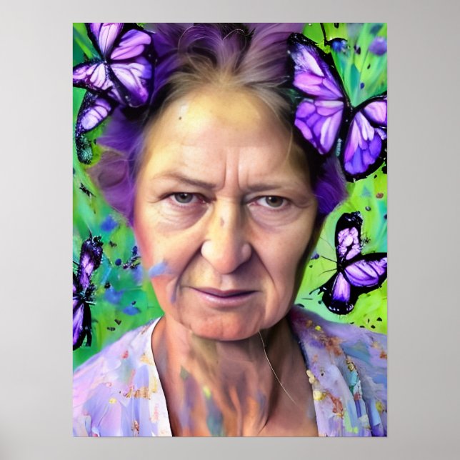 Elderly Woman With Butterflies Green Background Poster (Front)