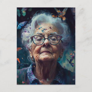 Elderly Woman With Butterflies Postcard