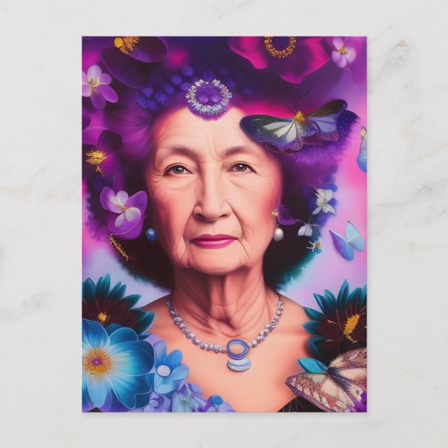 Elderly Woman With Butterflies Postcard (Front)