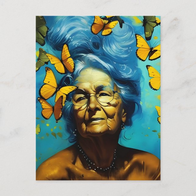 Elderly Woman With Butterflies Postcard (Front)