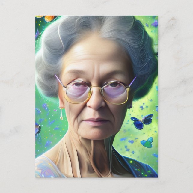 Elderly Woman With Butterflies Postcard (Front)