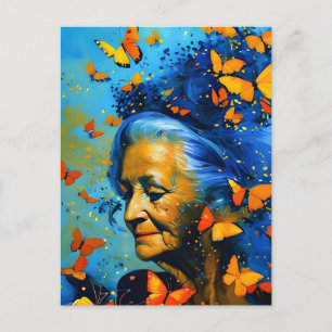 Elderly Woman With Butterflies Postcard