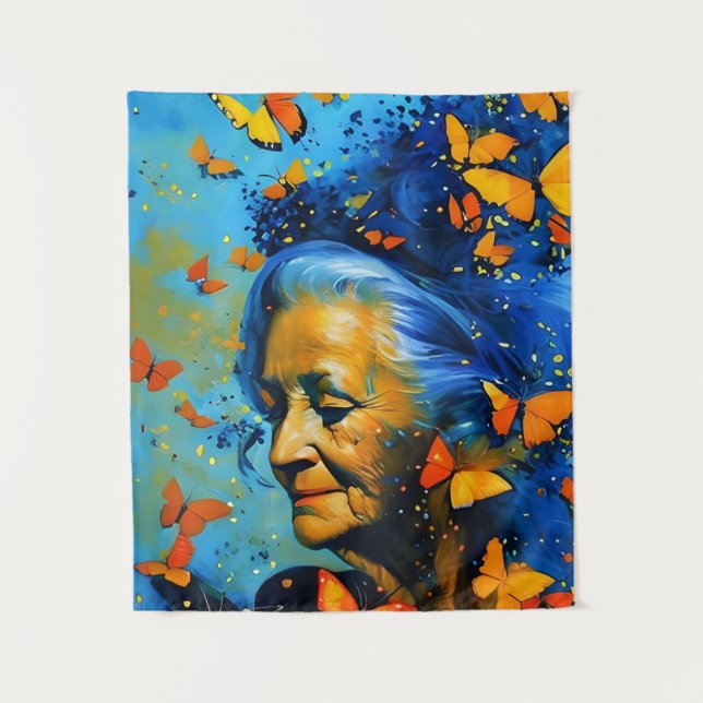 Elderly Woman With Butterflies Tapestry (Front)