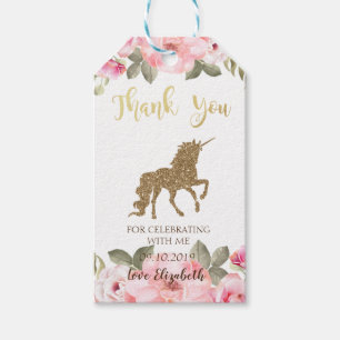 Eleagant Gold Glitter Unicorn, Floral Baby Shower Gift Tags