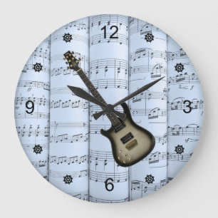 Elec Guitar~Rolled Sheet Music~Blue Tint Back ~ Large Clock