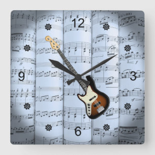 Elec Guitar ~ Rolled Sheet Music ~ Blue Tint Back~ Square Wall Clock