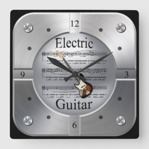 Elec Guitar~Sheet Music~Brushed Silver Color~ Square Wall Clock