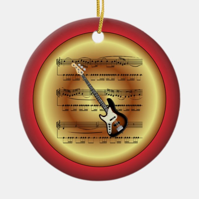 Elec Guitar~Sheet Music~Red/Green/Gold~Christmas~ Ceramic Ornament (Front)