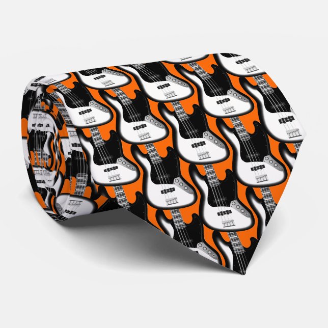 Electric Base Guitar Pattern in Black and White Tie (Rolled)