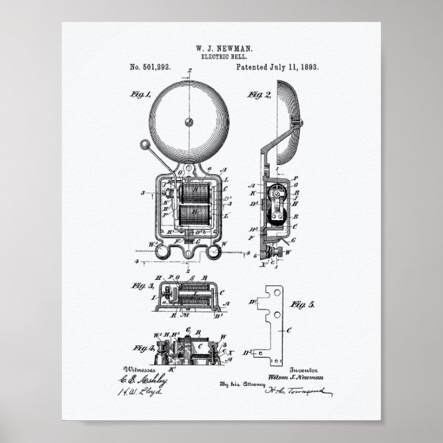 Electric Bell 1893 Patent Art - White Paper Poster (Front)