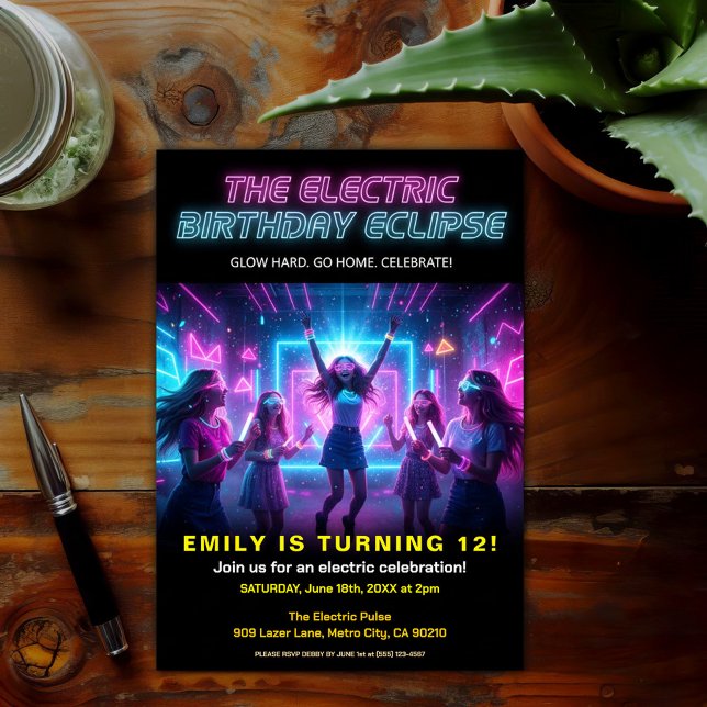 Electric Birthday Neon Glow Party Invitation (Creator Uploaded)